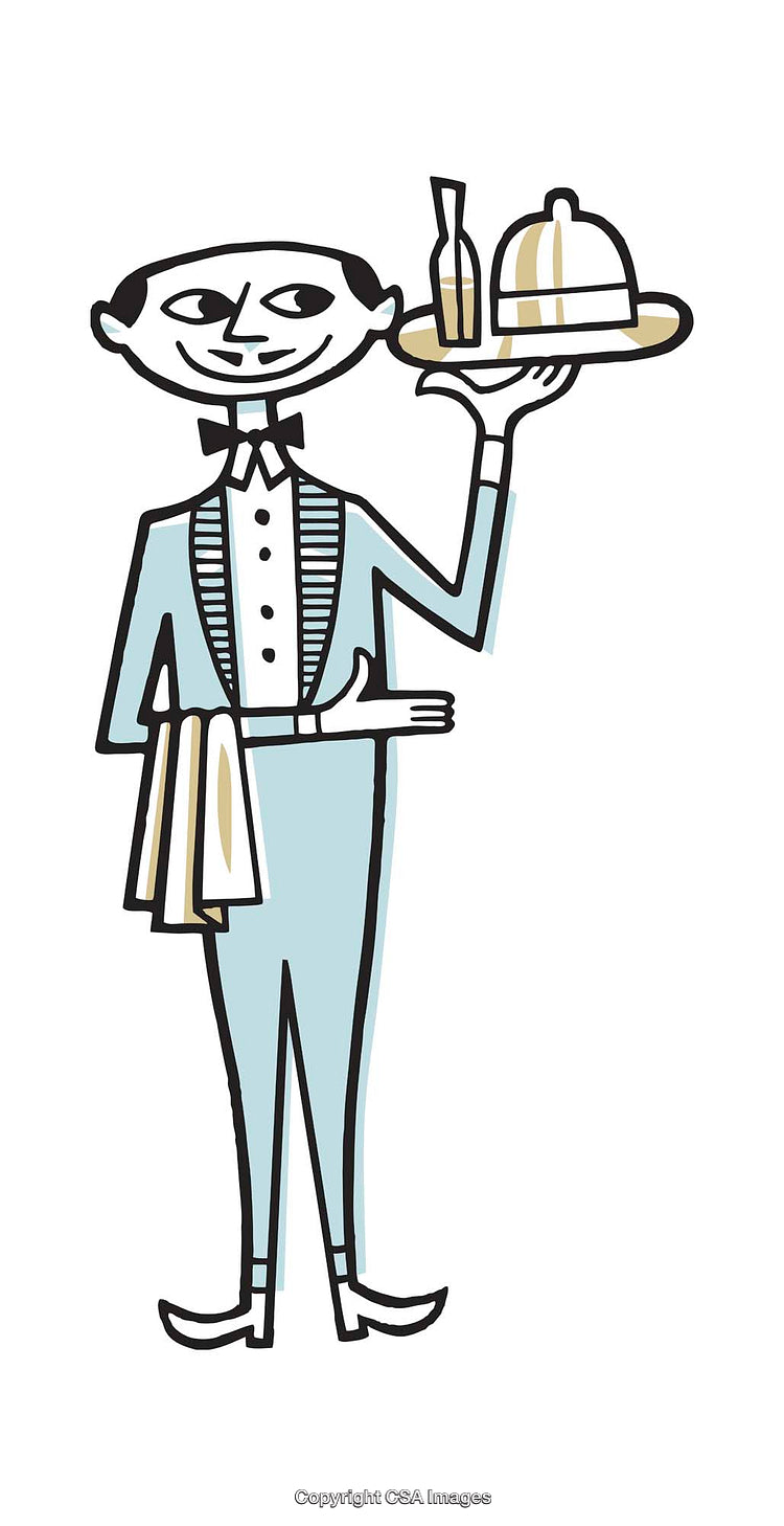 Illustrated Waiter Carrying a Tray with Food and Drinks