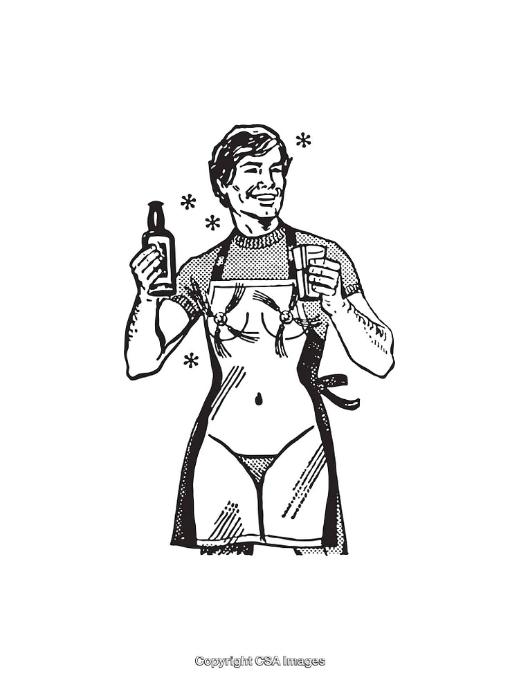 Black and White Line Art of a Humorous Apron Design
