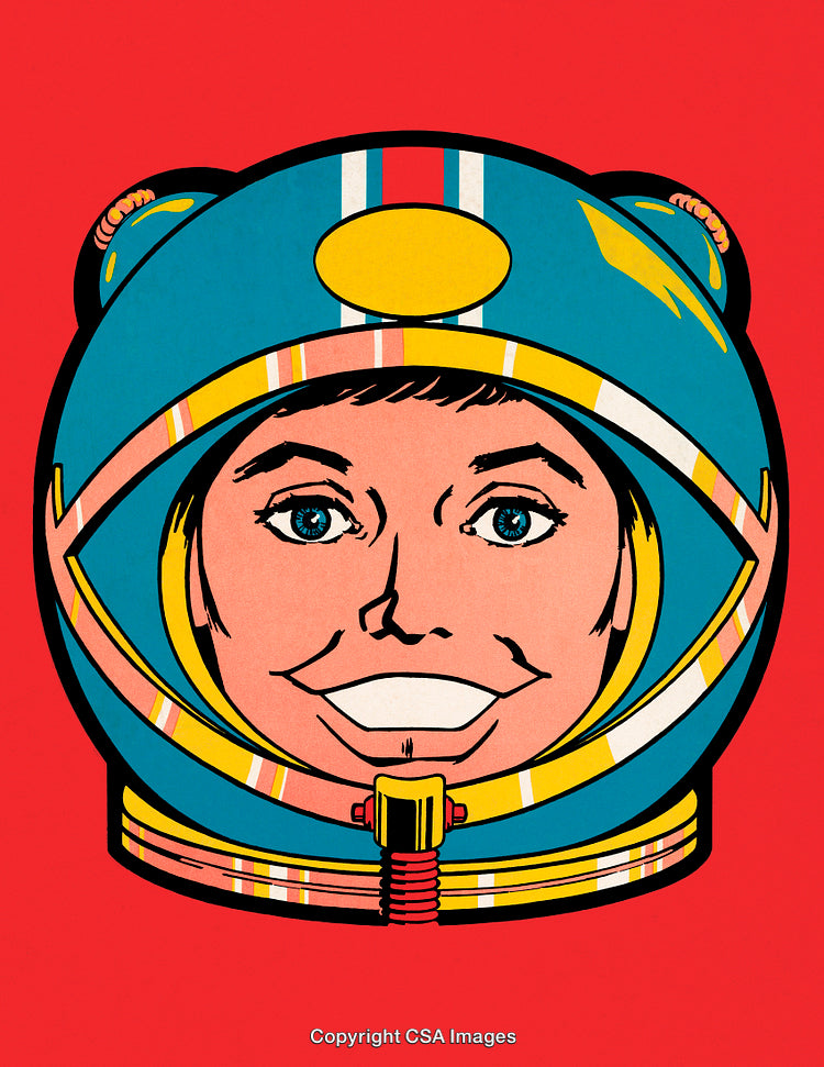 Smiling Cartoon Astronaut in Blue Helmet on Red Background
