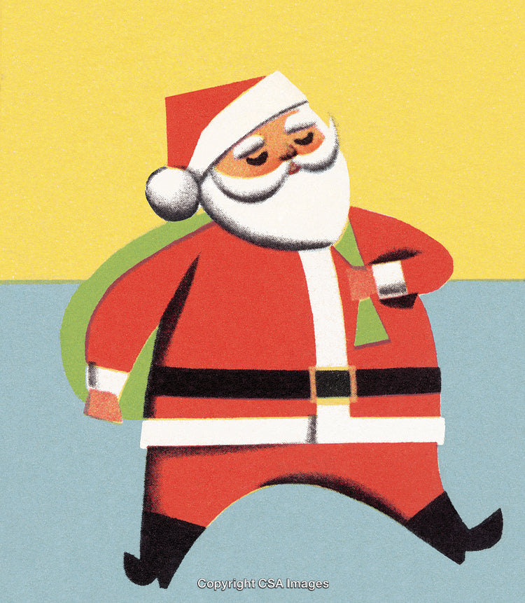 Retro Style Illustration of Santa Claus Carrying a Green Gift Bag