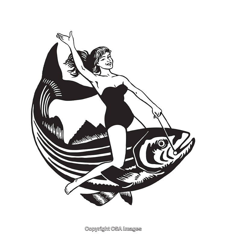 Black and White Line Art of Woman Riding a Giant Fish