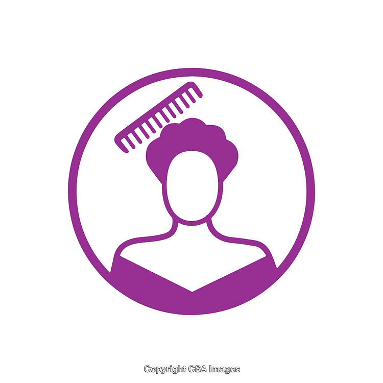 Purple Icon of Woman with Comb Representing Hair Care and Grooming