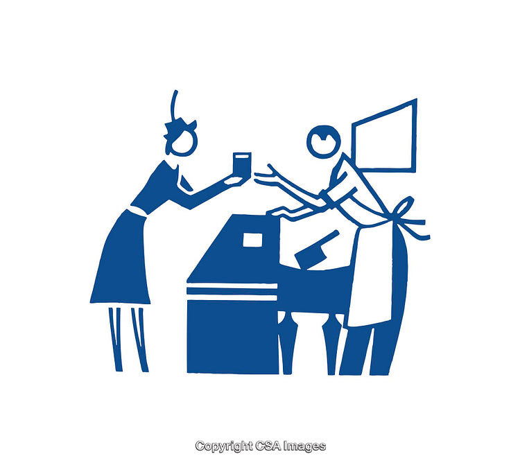 Stylized Icon of a Customer and Vendor Interacting at a Counter