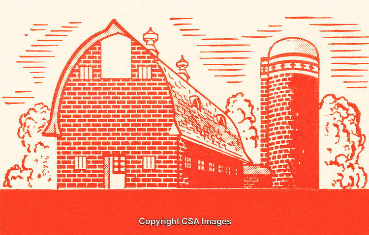 Vintage Red Illustration of a Barn with Silo and Trees