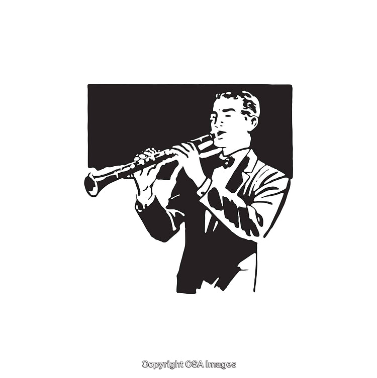 Black and White Illustration of a Man Playing the Clarinet