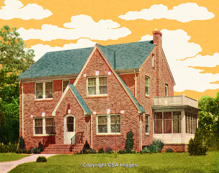 Vintage Illustration of a Brick House with Blue Roof Amidst a Serene Setting