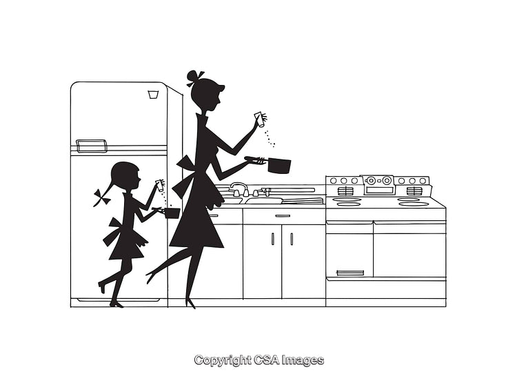 Black And White Illustration of Cooking Mother and Daughter in a Kitchen