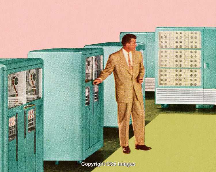 Retro Styled Image of a Businessman with Vintage Computing Machines