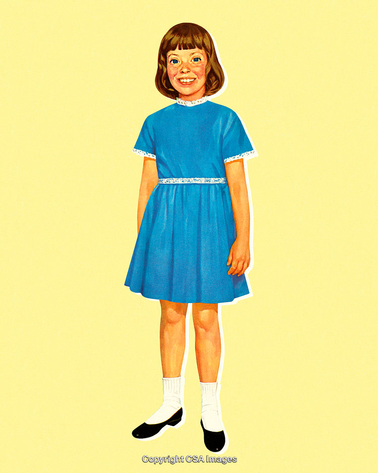 Smiling Girl in Blue Dress Over Yellow Background, Vibrant Illustration