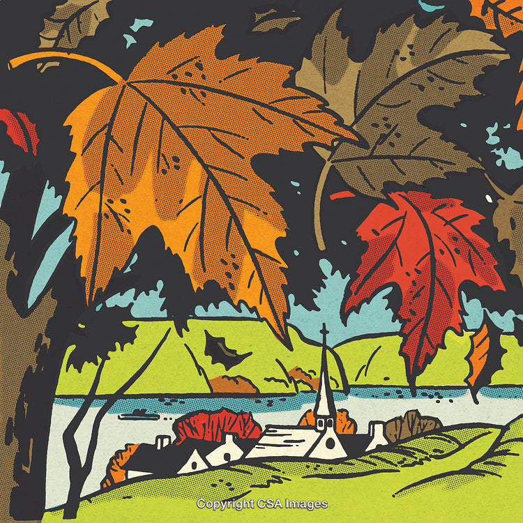 Scenic Autumn Landscape With Colorful Leaves and a Village by a River