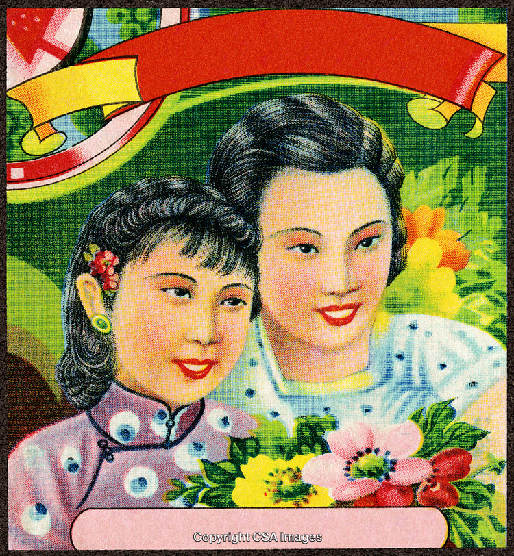 Vintage Illustration of Two Women Holding Flowers with Bright Background