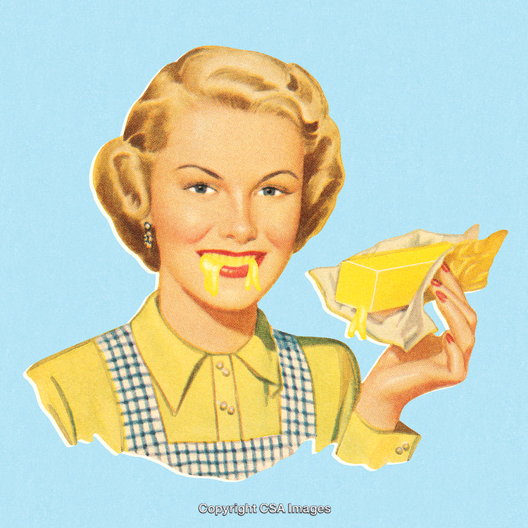 Vintage Illustration of Woman Holding Butter with Dripping Melted Design