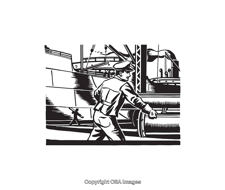 Monochrome Line Art of a Dockworker at a Shipyard Scene