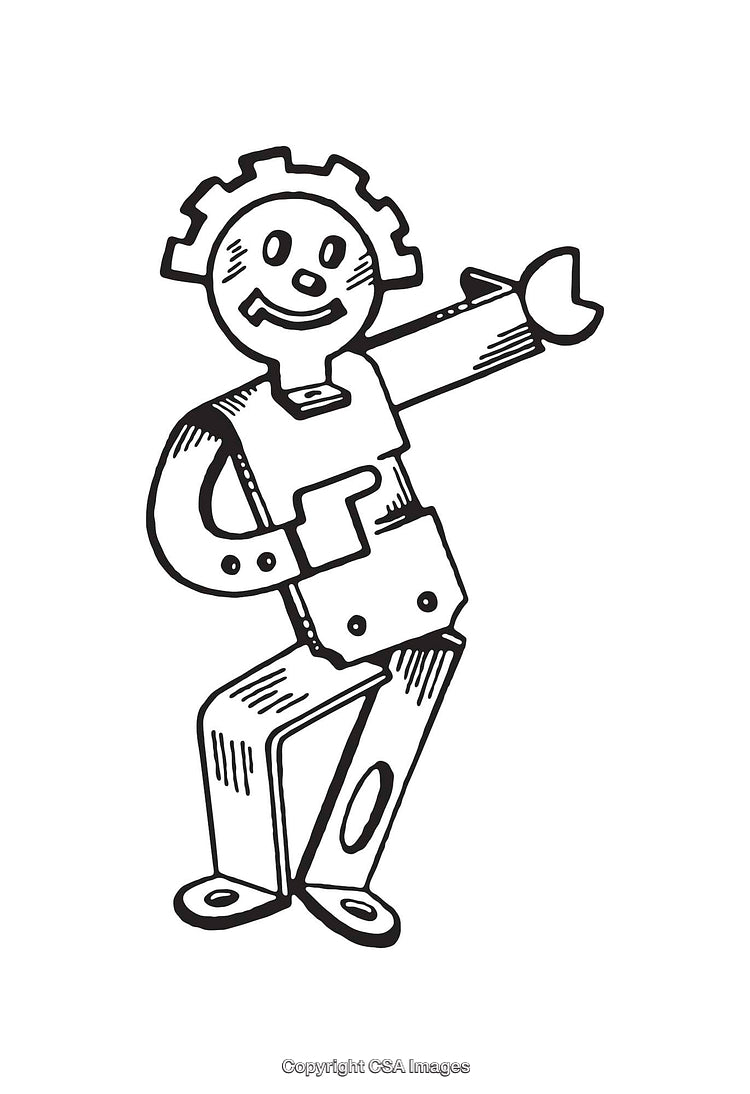 Black and White Line Art Drawing of a Cartoon Robot