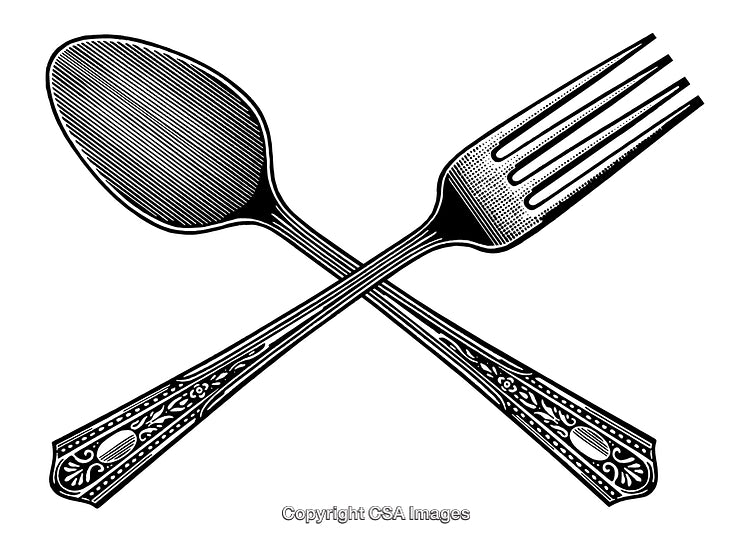 Detailed Black and White Engraving of Crossed Fork and Spoon Utensils