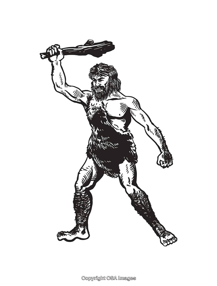 Black and White Line Art Illustration of a Caveman With a Raised Club