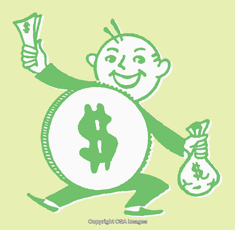 Whimsical Green Line Art of Happy Cartoon Figures With Dollar Symbols