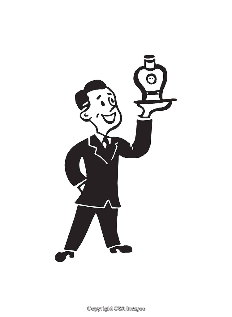 Vintage Illustration of a Smiling Man Holding a Tray with a Bottle