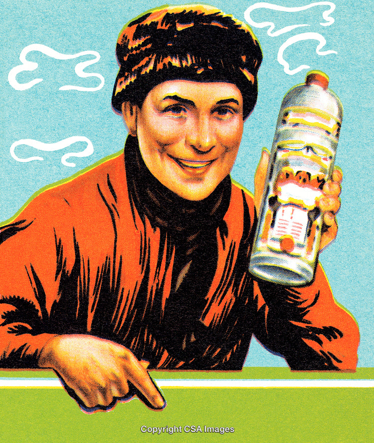 Colorful Illustration of a Smiling Person Displaying a Beverage Bottle