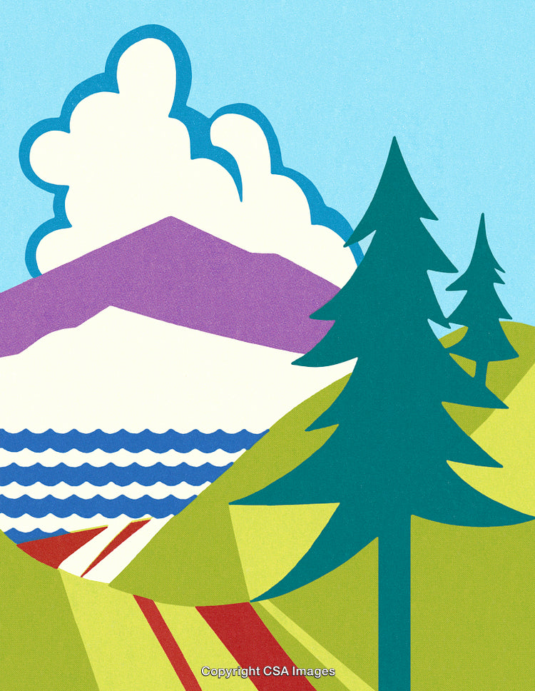 Vibrant Abstract Landscape Featuring Mountains, Trees, Clouds, and Rolling Hills
