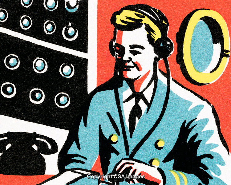 Vintage Illustration of a Professional Wearing a Headset at Work