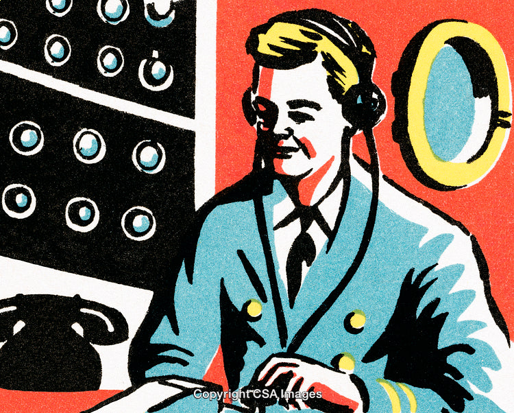 Vintage Illustration of a Professional Wearing a Headset at Work