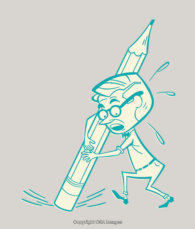 Illustration of a Man Struggling With Oversized Writing Tools