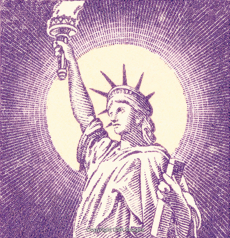 Detailed Purple Illustration of the Statue of Liberty with Radiant Sunburst