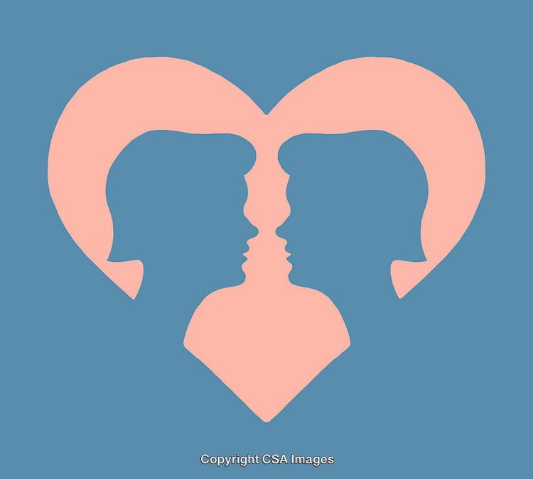 Silhouetted Couple in Heart Symbol Graphic on Two-Toned Background