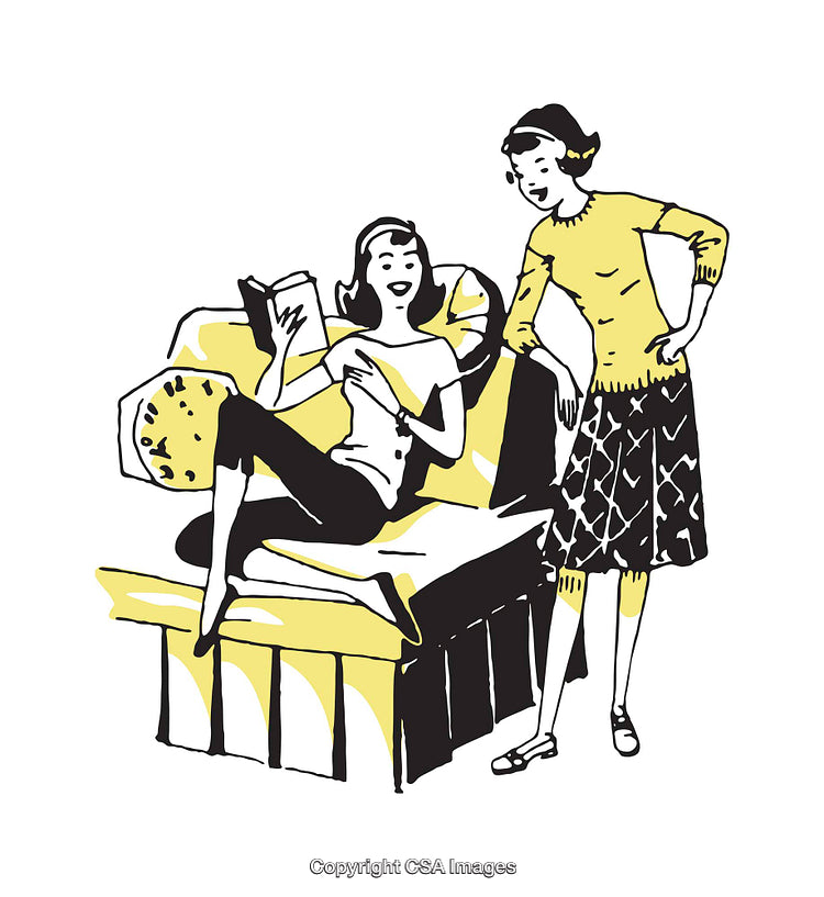 Retro Illustration of Two Women Sharing a Relaxing Chat on a Sofa