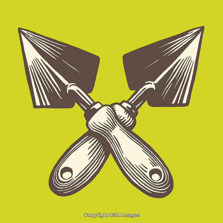 Vintage Illustration of Hand Trowels Crossed on a Vibrant Yellow Background
