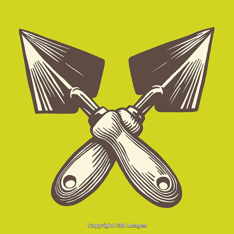 Vintage Illustration of Hand Trowels Crossed on a Vibrant Yellow Background