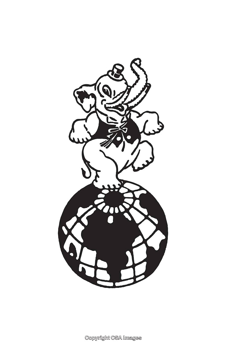Whimsical Elephant Balancing on a Globe in Line Art Style Illustration