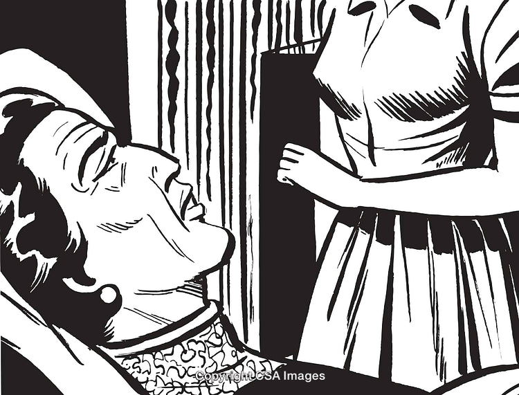 Illustration of a Woman Visiting an Elderly Patient at Bedside in Retro Style