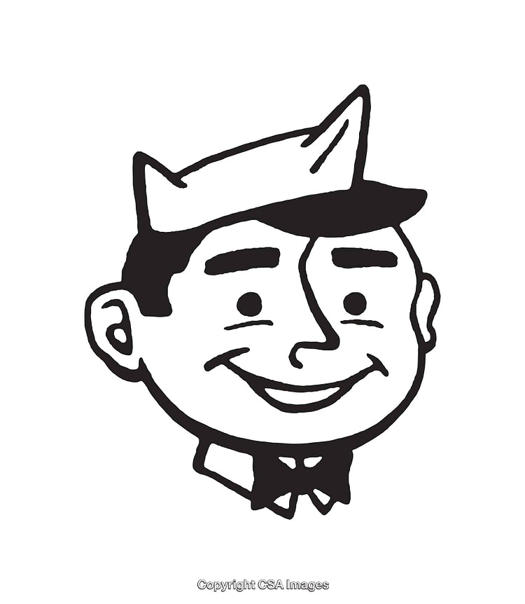 Retro Illustrated Smiling Character in Black and White Line Art