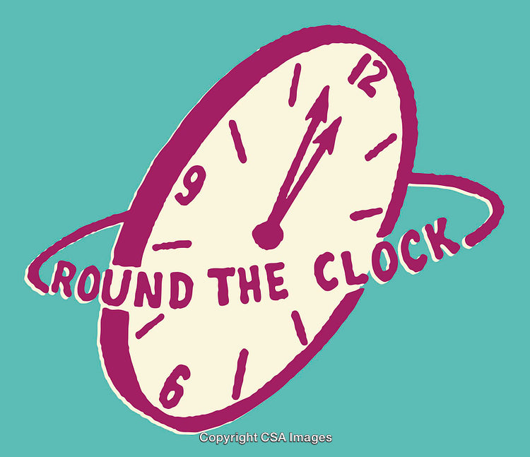 Illustration of a Clock Displaying 'Round the Clock' Text on Teal Background