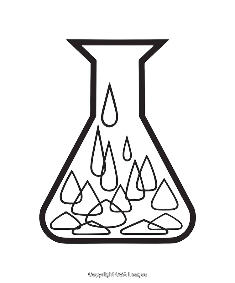 Black and White Line Art of Flask with Liquid Drops