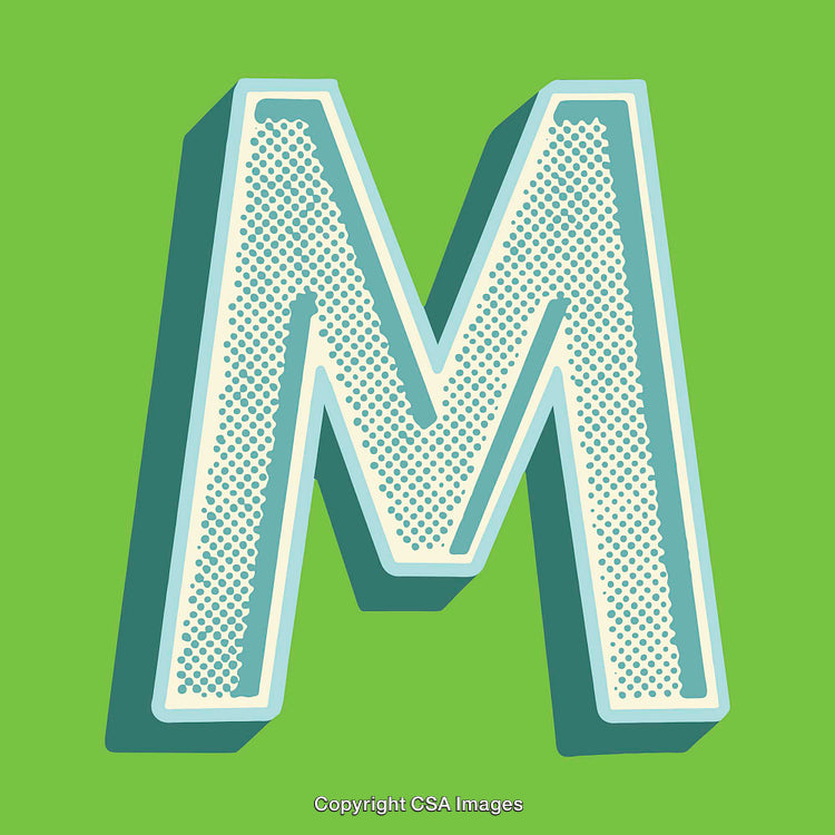 Stylized Polka Dot Alphabet Letter M on Green Background