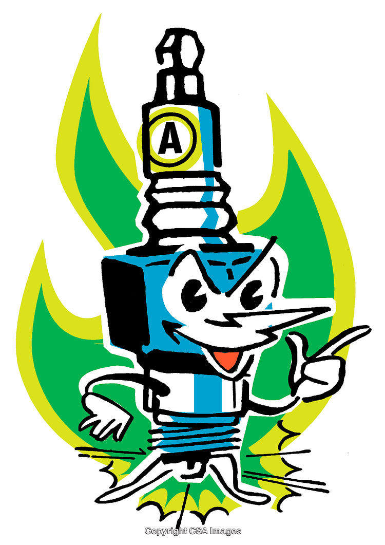 Vibrant Cartoon Spark Plug Character with Bold Green and Yellow Background
