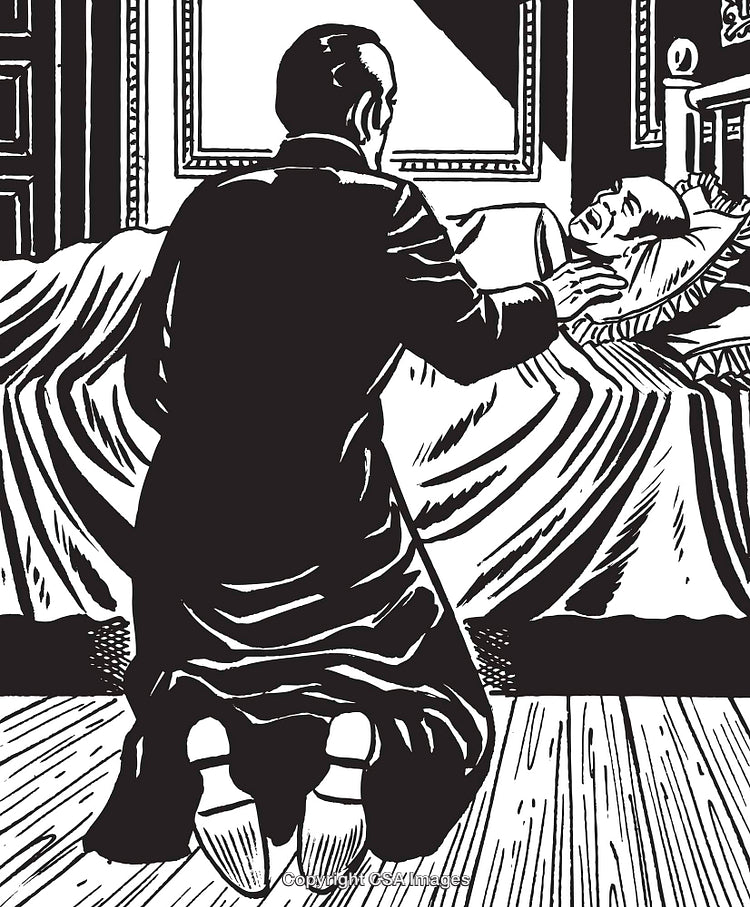 Man Kneeling by Bedside in Emotional Vintage Scene Black and White Artwork