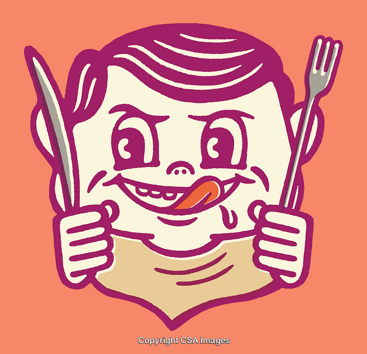 Playful Cartoon Illustration of a Hungry Child with Knife and Fork