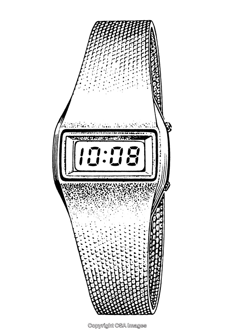 Detailed Black And White Engraving of a Digital Watch Design