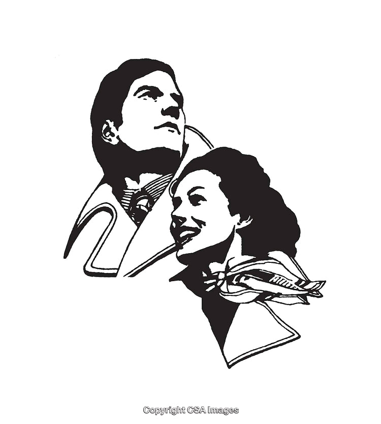 Vintage Black and White Illustration of Two Stylish Individuals