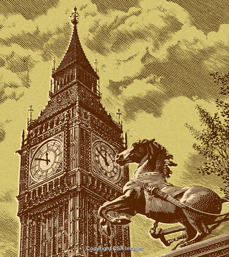 Vintage Illustration of Big Ben and a Horse Sculpture in London