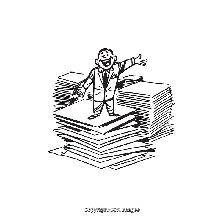 Happy Businessman Standing on Files in Black and White Illustration
