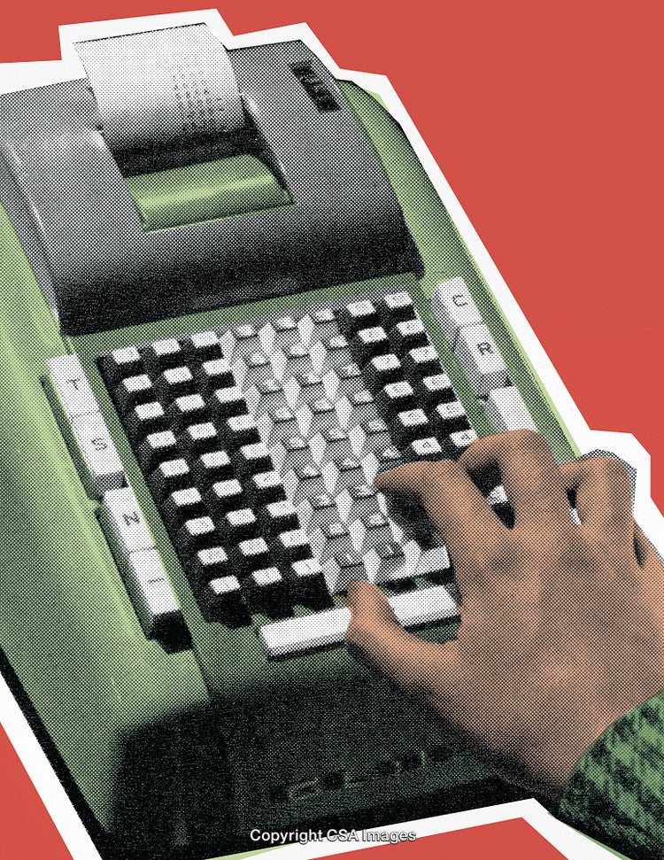 Retro Stylized Adding Machine with Person's Hand on Keyboard