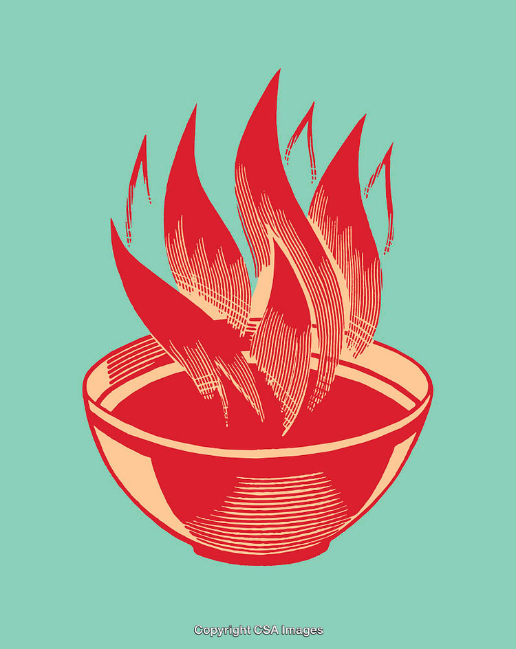 Red Flames in Decorative Red Bowl on Bright Teal Background