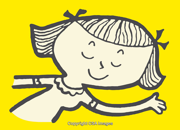 Cartoon Line Art Illustration of a Smiling Girl on Yellow Background