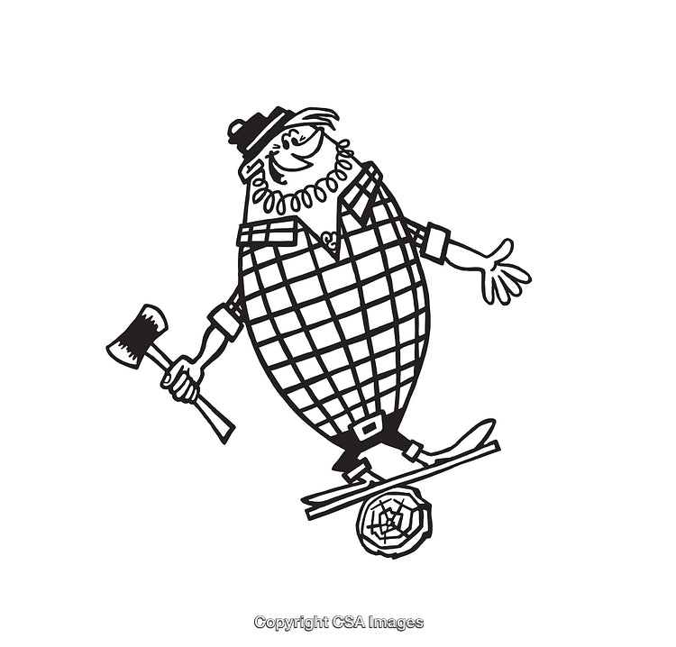 Black And White Cartoon Lumberjack Balancing On Log While Holding Axe