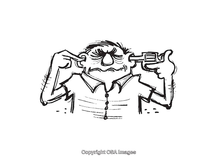 Black and White Line Art of Frustrated Character Holding Gun to Head